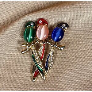 Vintage 3 Bird Parrot Jelly Belly Gold Tone Clear Rhinestones Brooch 1 1/2" B15